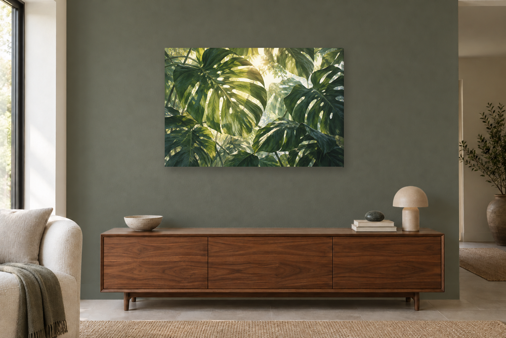 Monstera Canopy — horizontal canvas in a living room, full original artwork