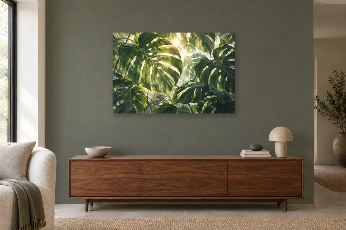 Monstera Canopy — horizontal canvas in a living room, full original artwork