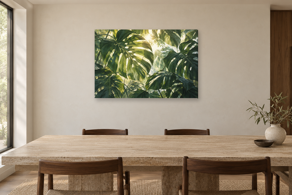 Monstera Canopy — horizontal canvas in a dining room, full original artwork