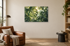 Monstera Canopy — horizontal canvas in a reading corner, full original artwork
