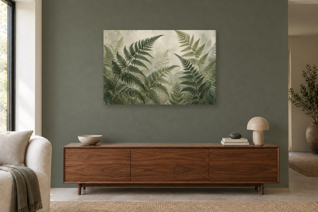 Fern Fronds — horizontal canvas in a living room, full original artwork