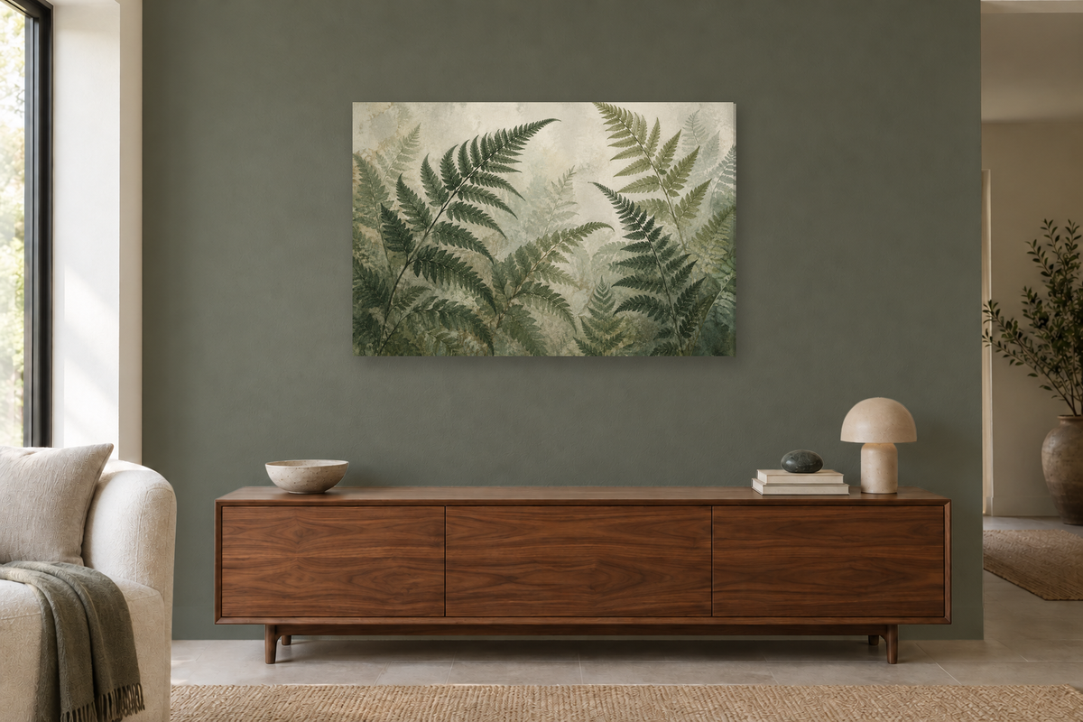 Fern Fronds — horizontal canvas in a living room, full original artwork
