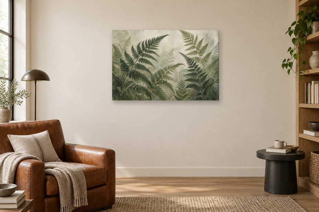 Fern Fronds — horizontal canvas in a reading corner, full original artwork