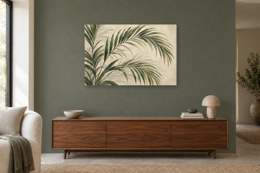 Palm Shade — horizontal canvas in a living room, full original artwork