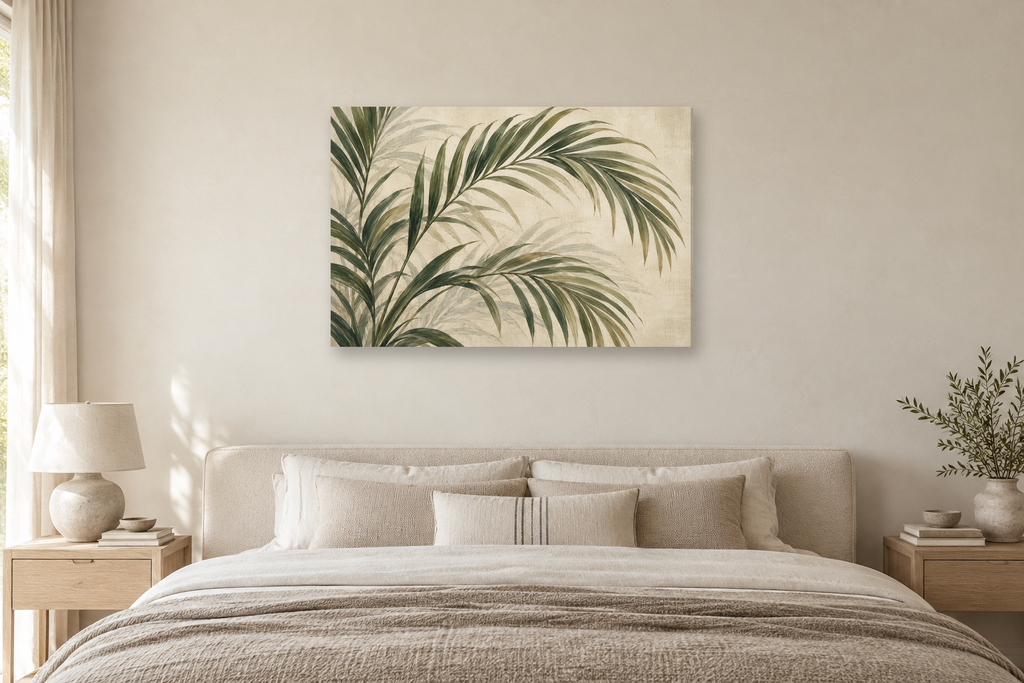 Palm Shade — horizontal canvas in a bedroom, full original artwork