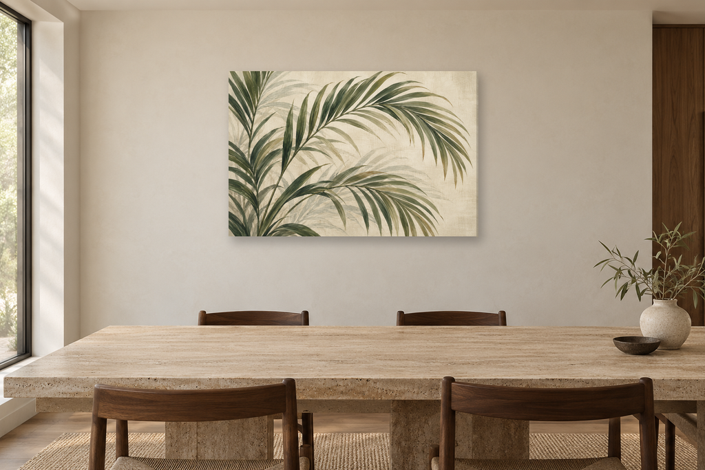 Palm Shade — horizontal canvas in a dining room, full original artwork
