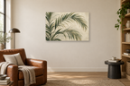 Palm Shade — horizontal canvas in a reading corner, full original artwork