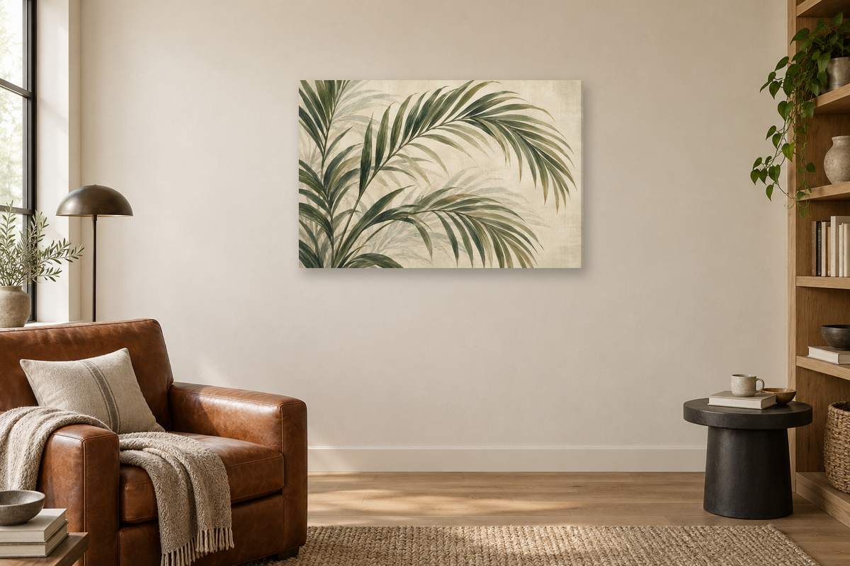 Palm Shade — horizontal canvas in a reading corner, full original artwork
