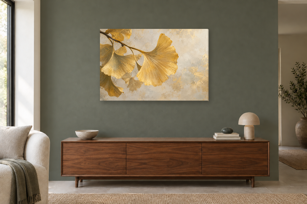 Ginkgo Gold — horizontal canvas in a living room, full original artwork