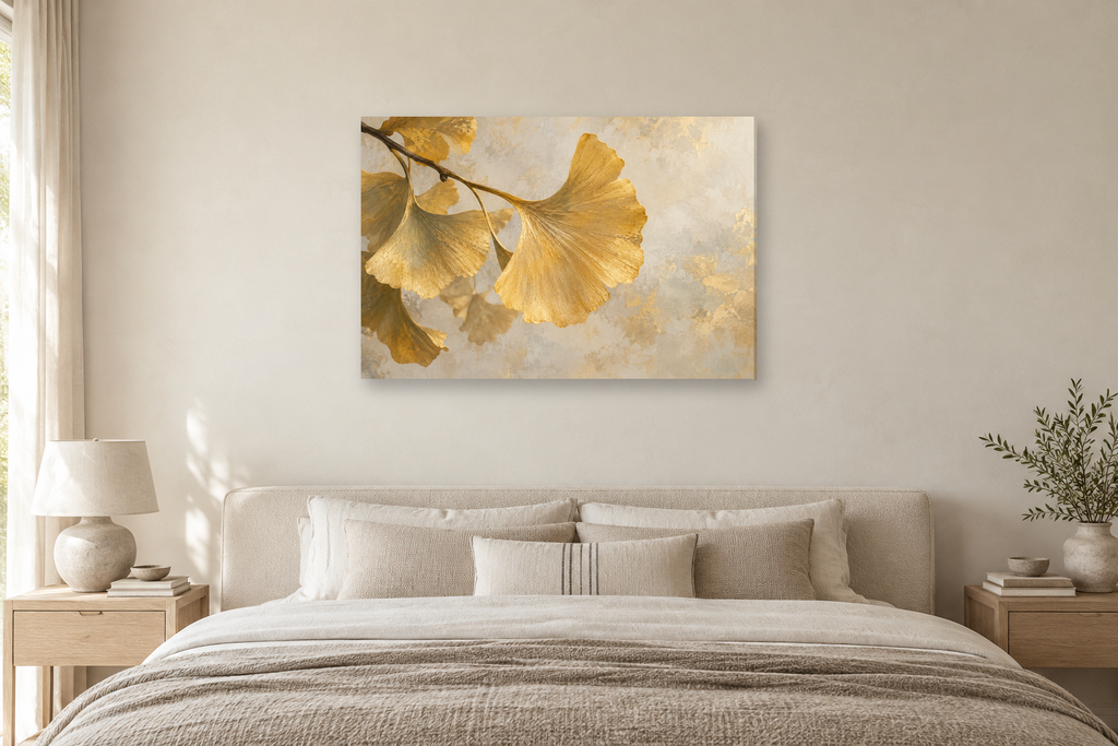 Ginkgo Gold — horizontal canvas in a bedroom, full original artwork