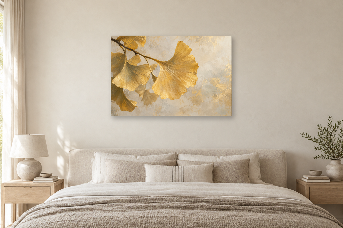 Ginkgo Gold — horizontal canvas in a bedroom, full original artwork