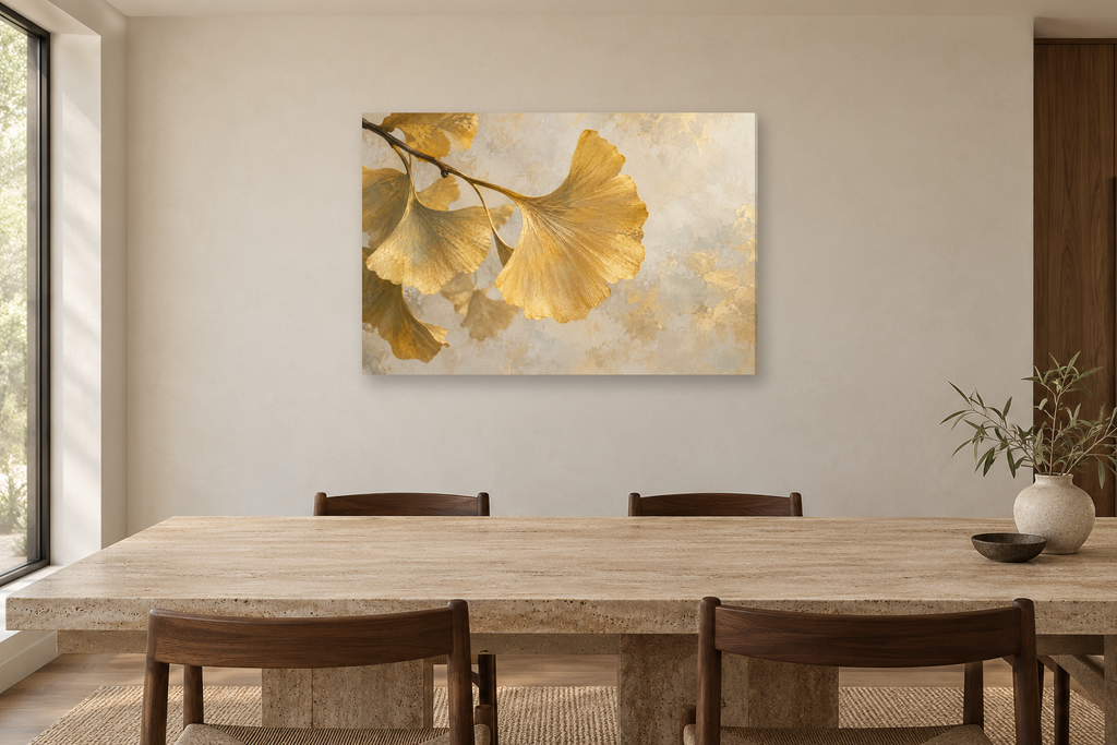 Ginkgo Gold — horizontal canvas in a dining room, full original artwork