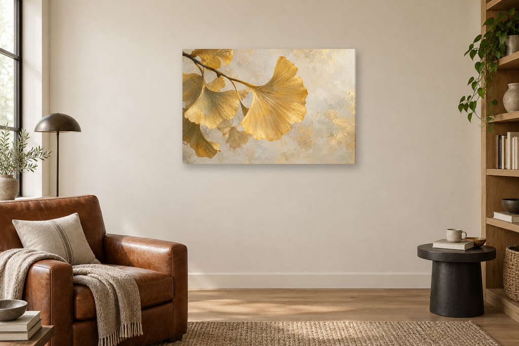 Ginkgo Gold — horizontal canvas in a reading corner, full original artwork