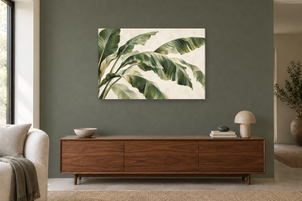 Banana Leaf Rhythm — horizontal canvas in a living room, full original artwork