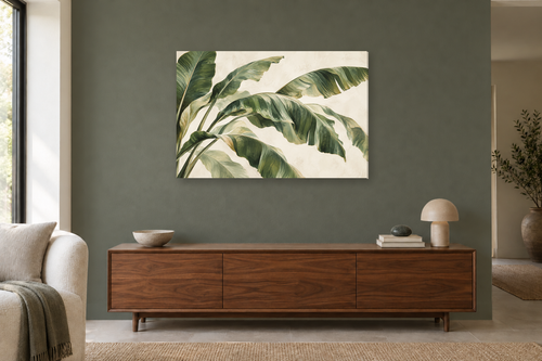 Banana Leaf Rhythm — horizontal canvas in a living room, full original artwork