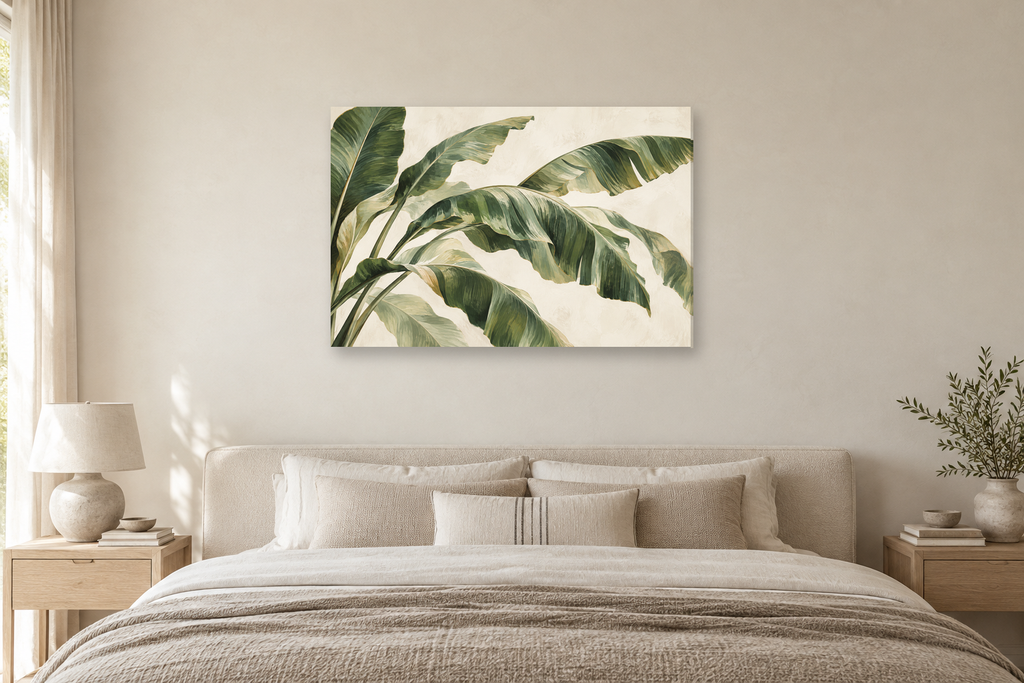 Banana Leaf Rhythm — horizontal canvas in a bedroom, full original artwork