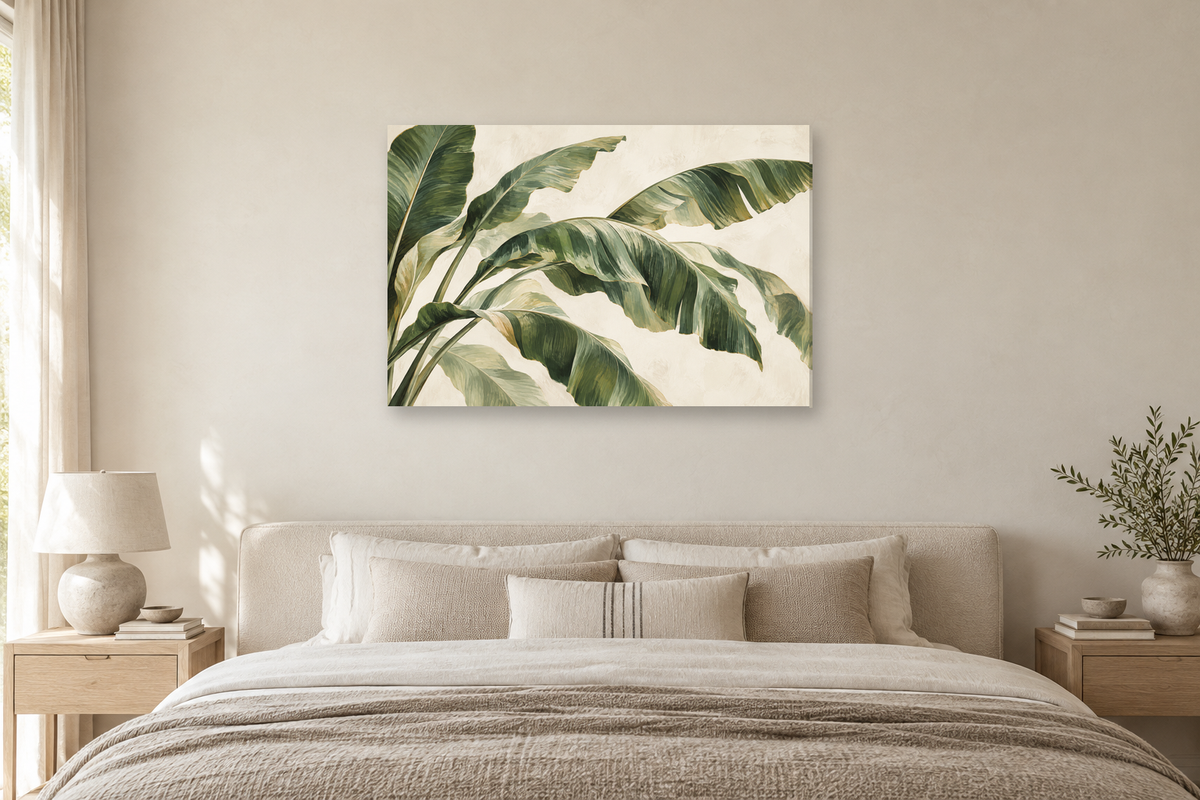 Banana Leaf Rhythm — horizontal canvas in a bedroom, full original artwork