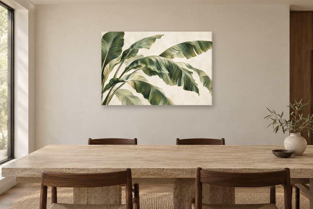 Banana Leaf Rhythm — horizontal canvas in a dining room, full original artwork
