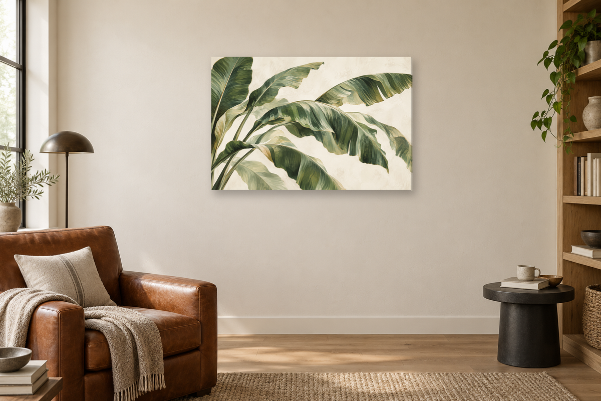 Banana Leaf Rhythm — horizontal canvas in a reading corner, full original artwork