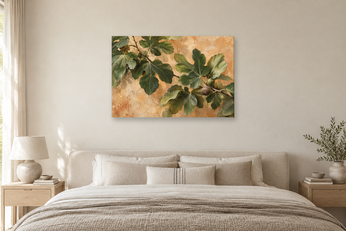 Fig Leaves — horizontal canvas in a bedroom, full original artwork