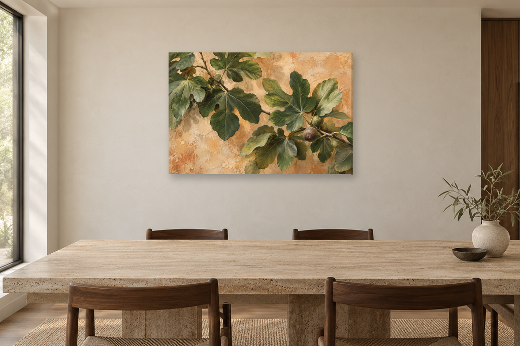 Fig Leaves — horizontal canvas in a dining room, full original artwork