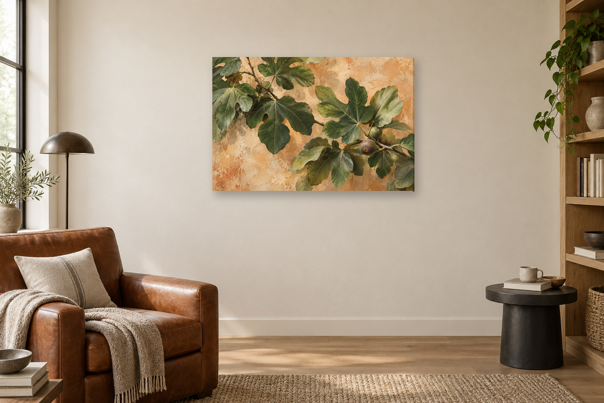Fig Leaves — horizontal canvas in a reading corner, full original artwork