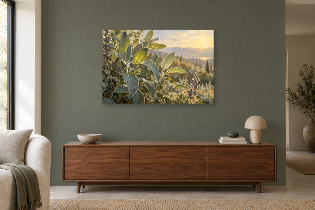Wild Sage — horizontal canvas in a living room, full original artwork