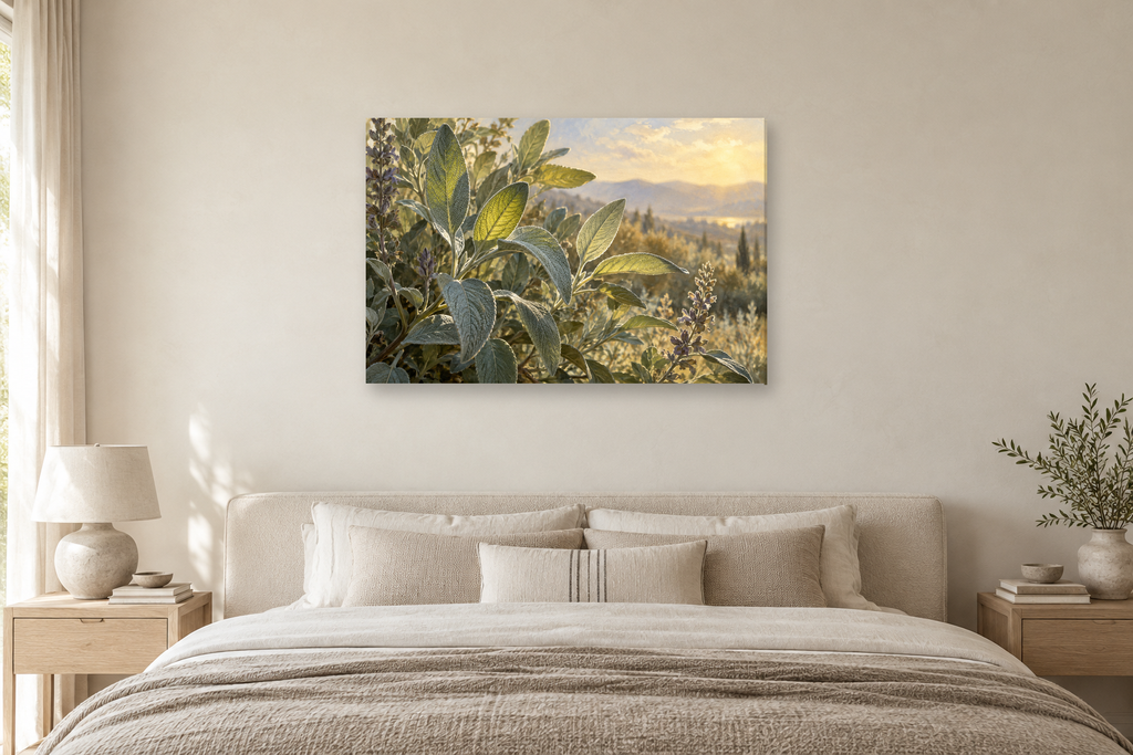 Wild Sage — horizontal canvas in a bedroom, full original artwork