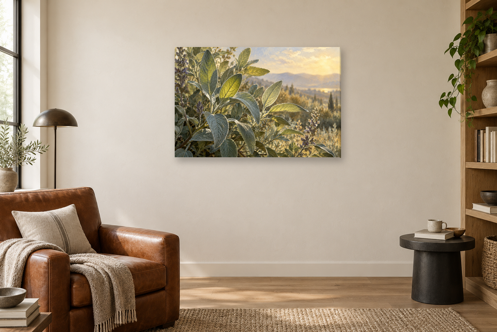 Wild Sage — horizontal canvas in a reading corner, full original artwork