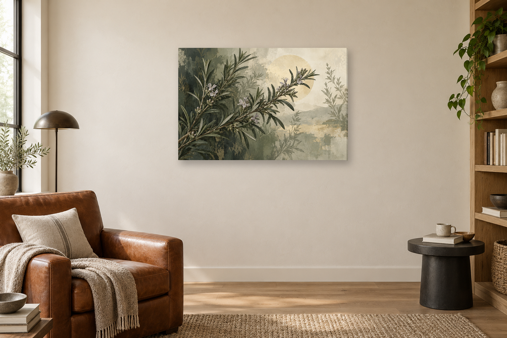 Rosemary Light — horizontal canvas in a reading corner, full original artwork