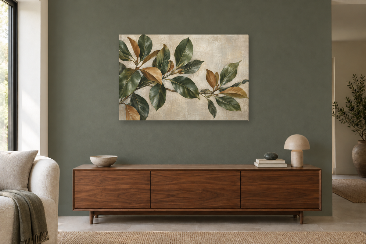 Magnolia Leaves — horizontal canvas in a living room, full original artwork