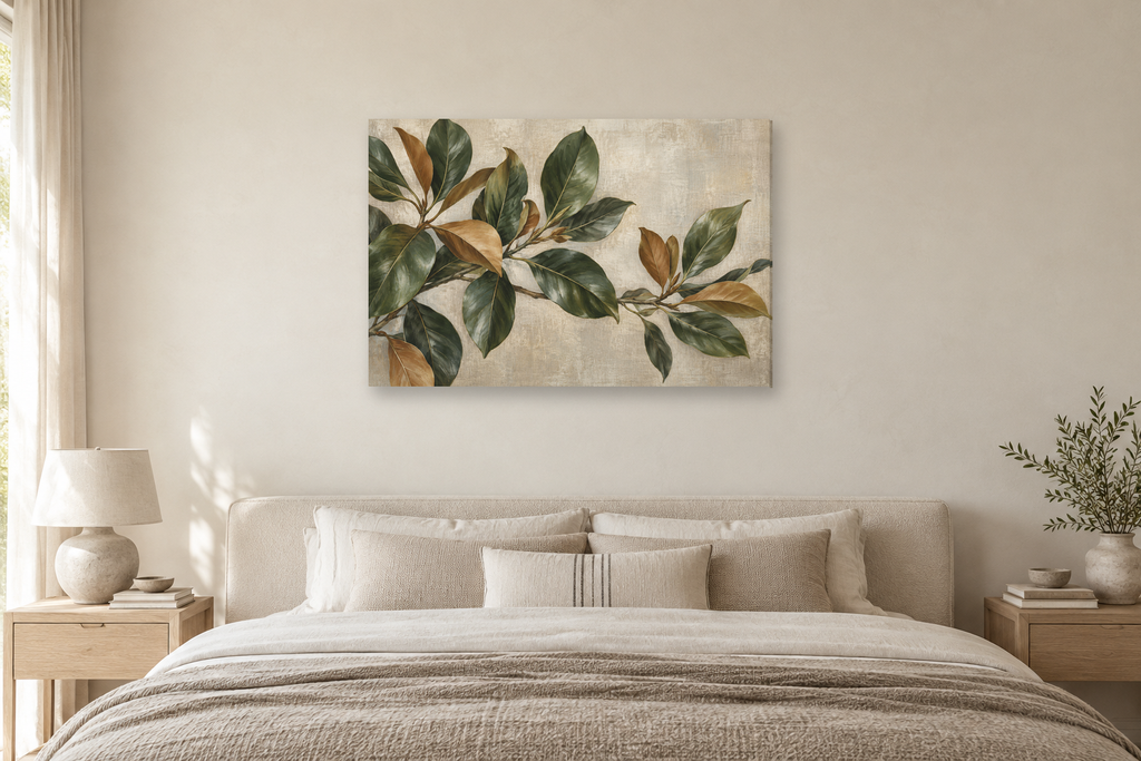 Magnolia Leaves — horizontal canvas in a bedroom, full original artwork