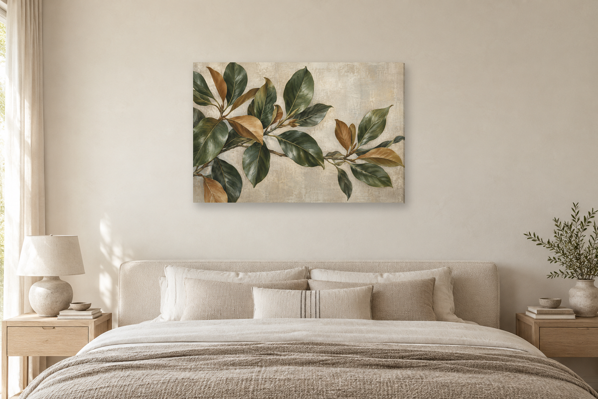Magnolia Leaves — horizontal canvas in a bedroom, full original artwork
