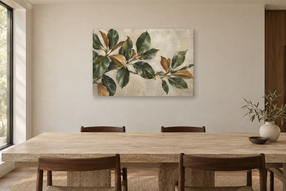 Magnolia Leaves — horizontal canvas in a dining room, full original artwork