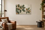 Magnolia Leaves — horizontal canvas in a reading corner, full original artwork