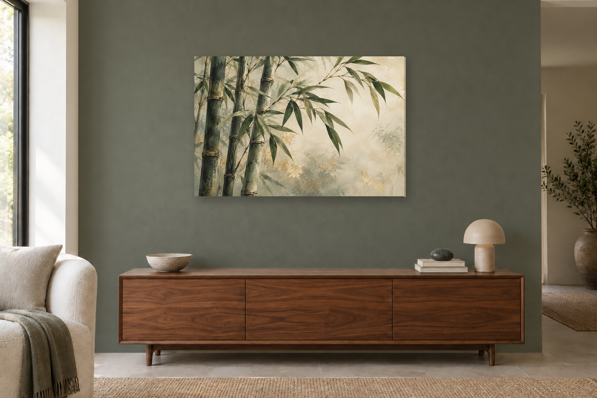 Bamboo Whisper — horizontal canvas in a living room, full original artwork