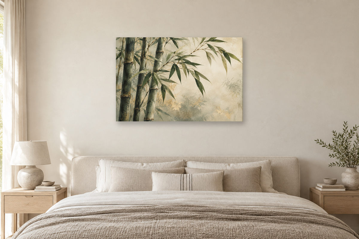 Bamboo Whisper — horizontal canvas in a bedroom, full original artwork