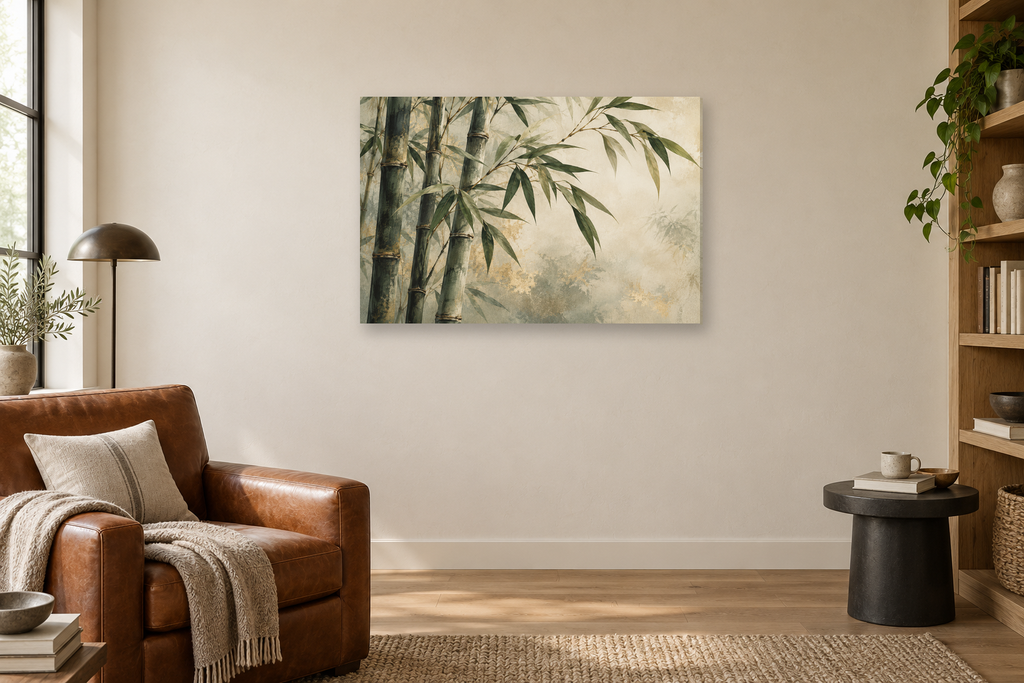 Bamboo Whisper — horizontal canvas in a reading corner, full original artwork