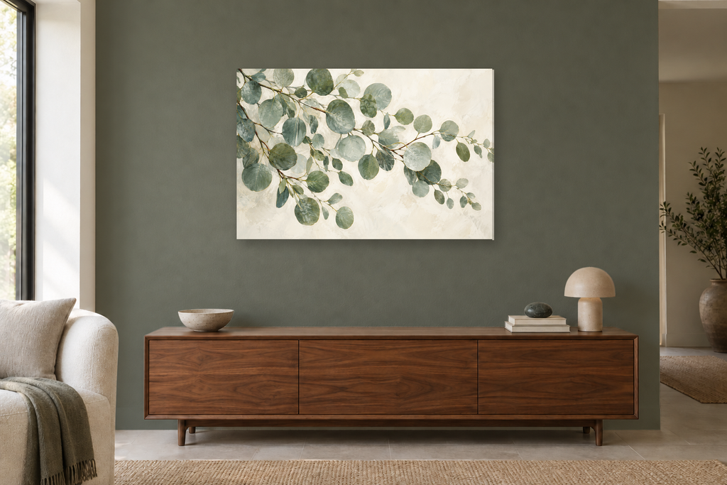 Silver Dollar Green — horizontal canvas in a living room, full original artwork