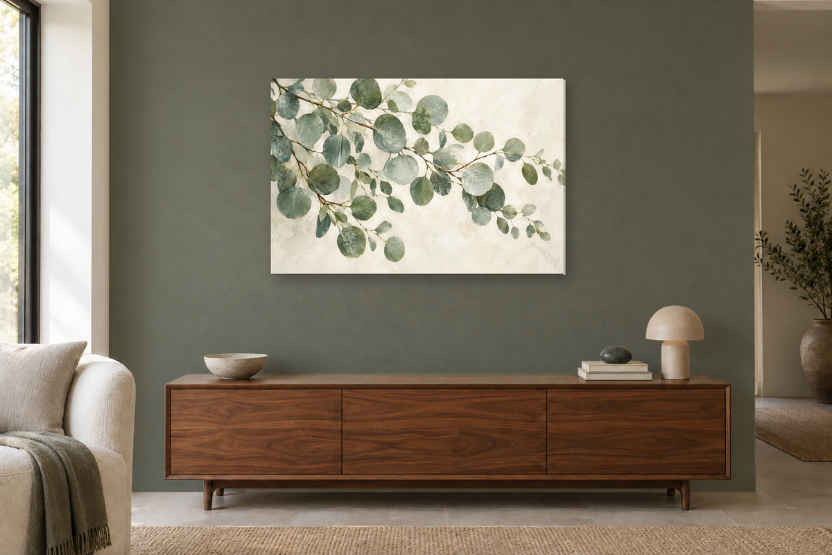 Silver Dollar Green — horizontal canvas in a living room, full original artwork