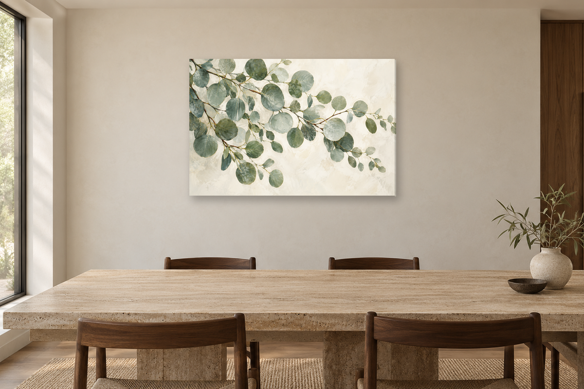 Silver Dollar Green — horizontal canvas in a dining room, full original artwork
