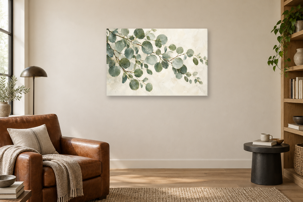 Silver Dollar Green — horizontal canvas in a reading corner, full original artwork