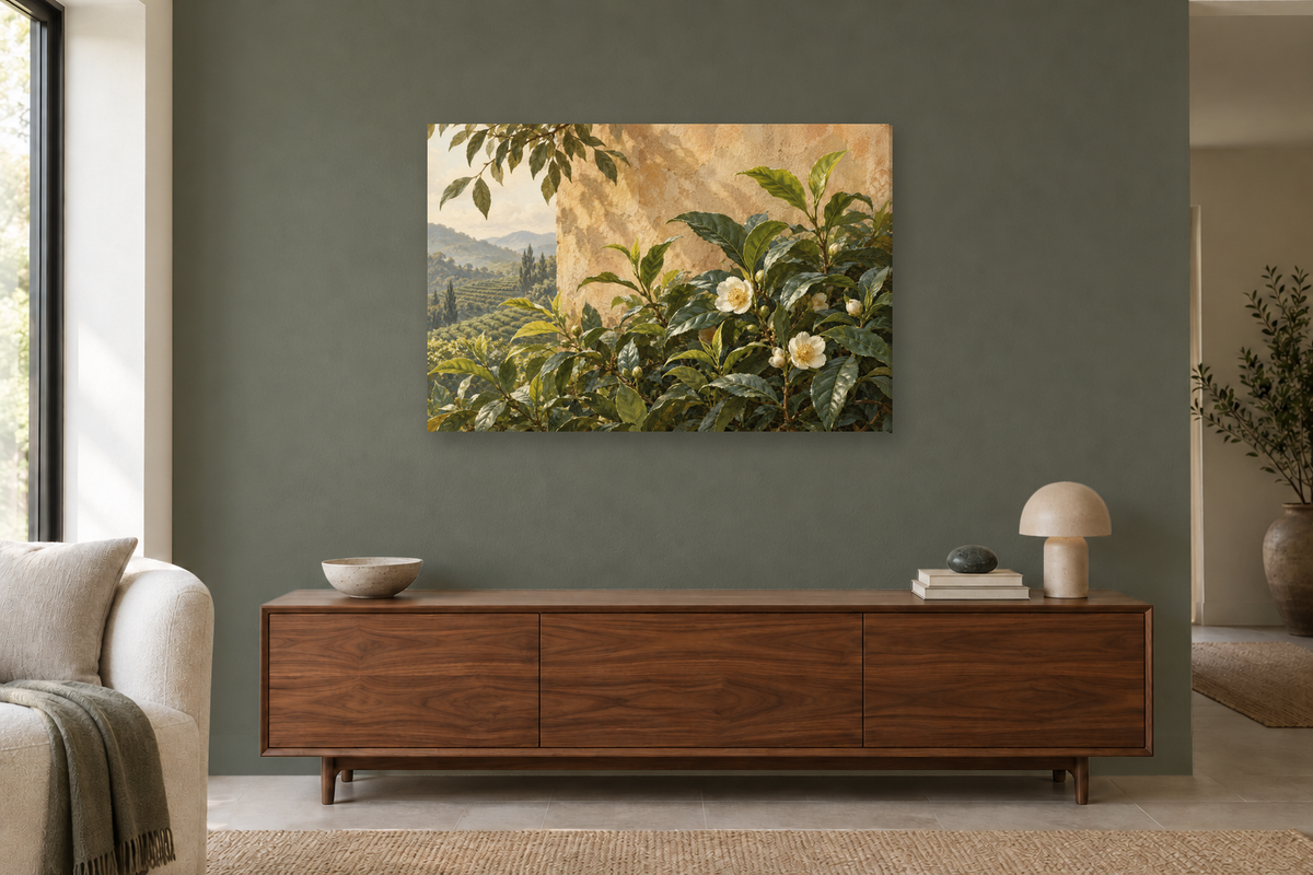 Tea Garden — horizontal canvas in a living room, full original artwork