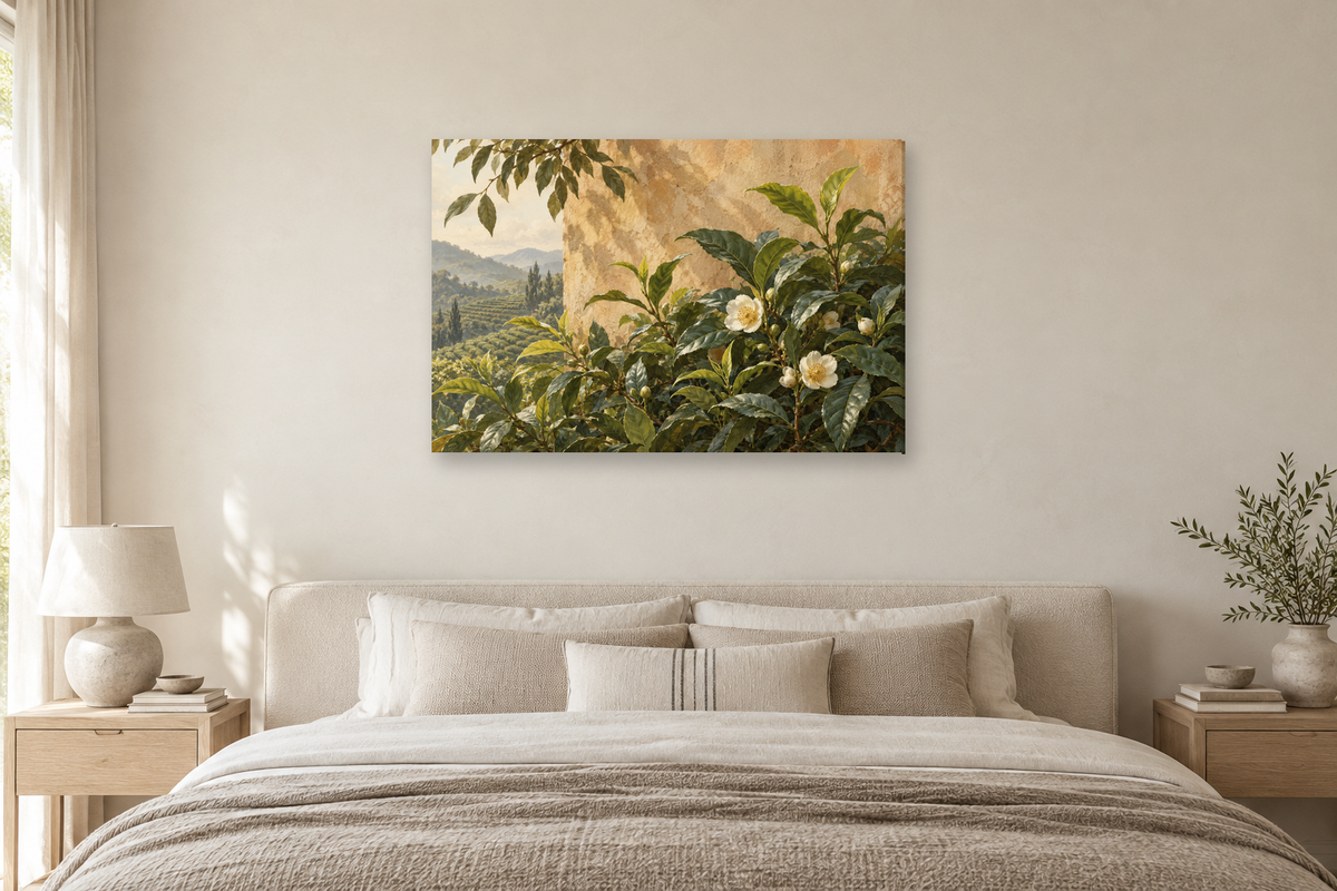 Tea Garden — horizontal canvas in a bedroom, full original artwork