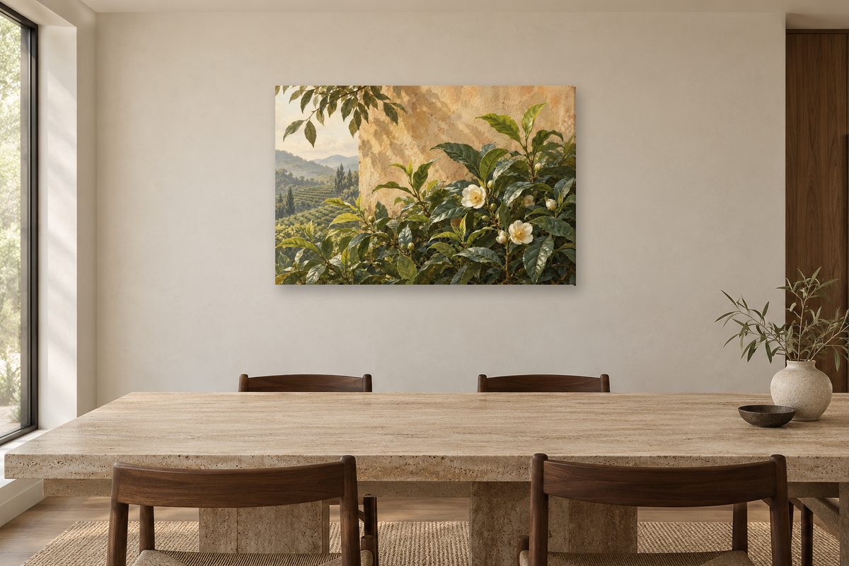 Tea Garden — horizontal canvas in a dining room, full original artwork