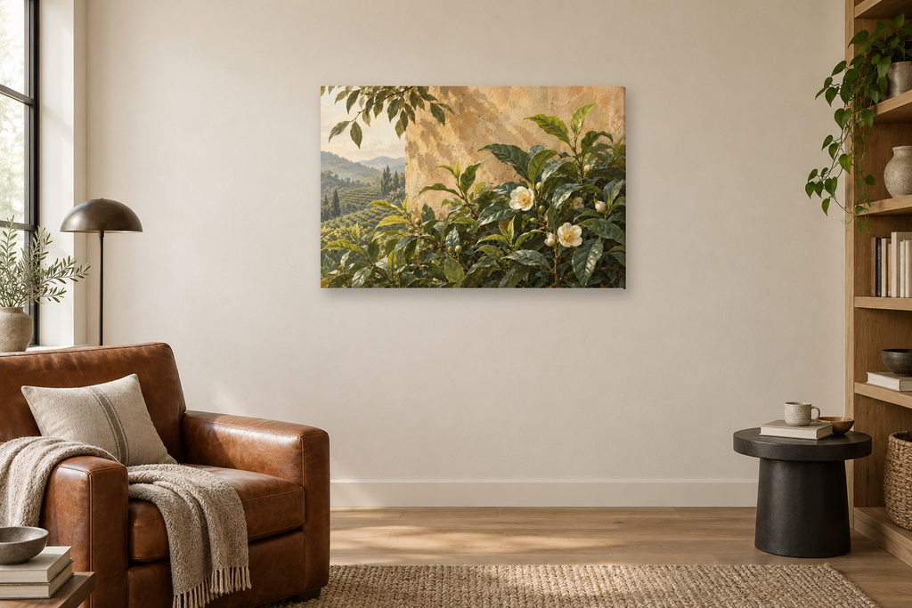 Tea Garden — horizontal canvas in a reading corner, full original artwork