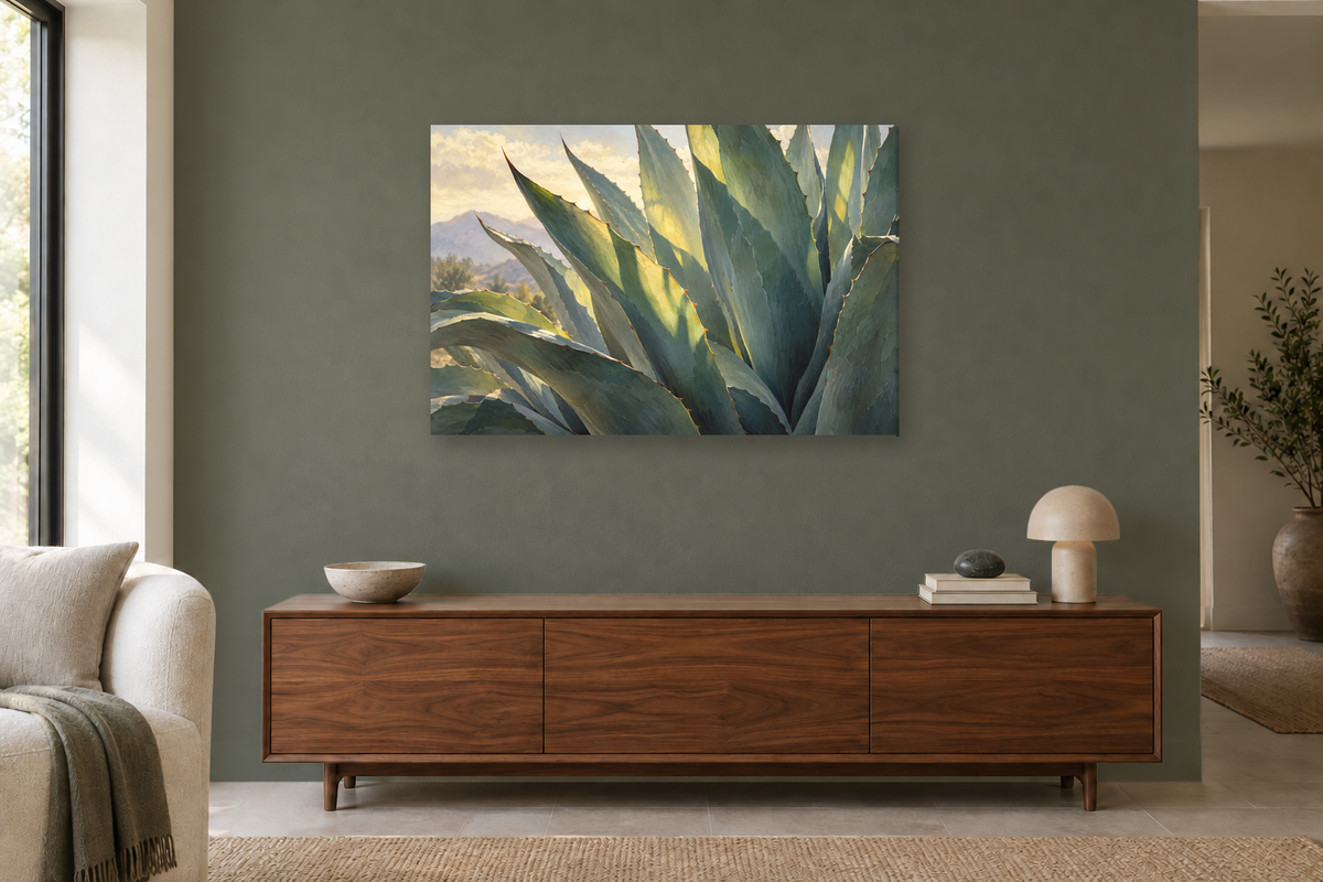 Agave Forms — horizontal canvas in a living room, full original artwork