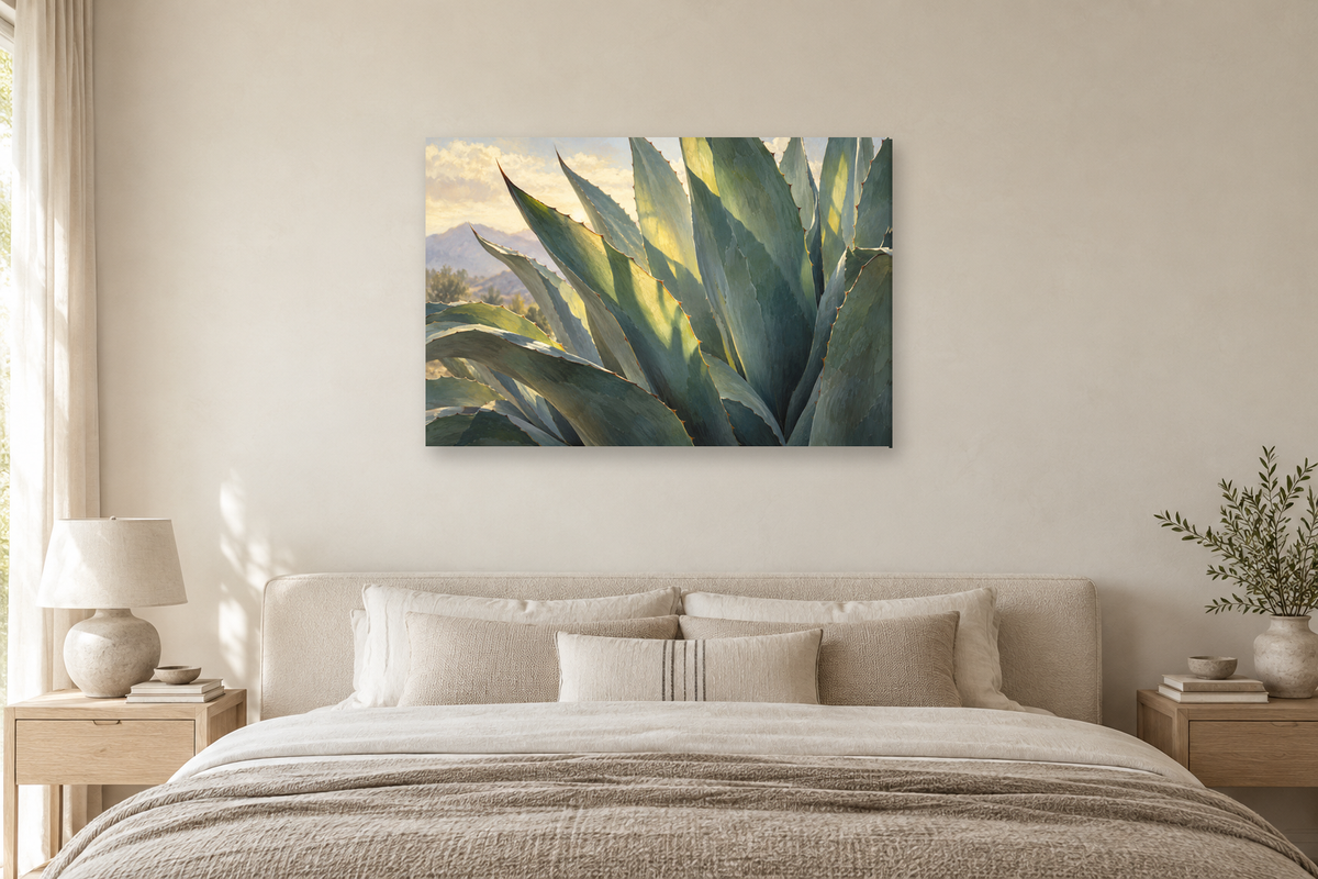 Agave Forms — horizontal canvas in a bedroom, full original artwork