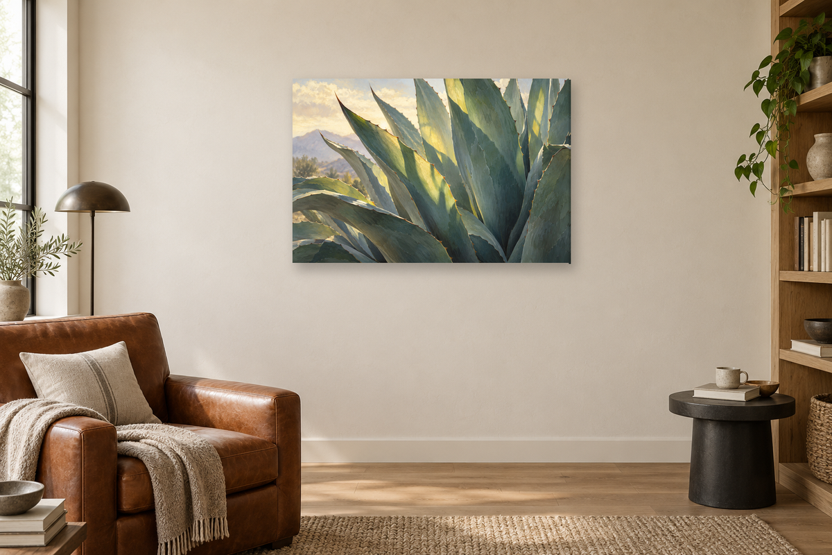 Agave Forms — horizontal canvas in a reading corner, full original artwork
