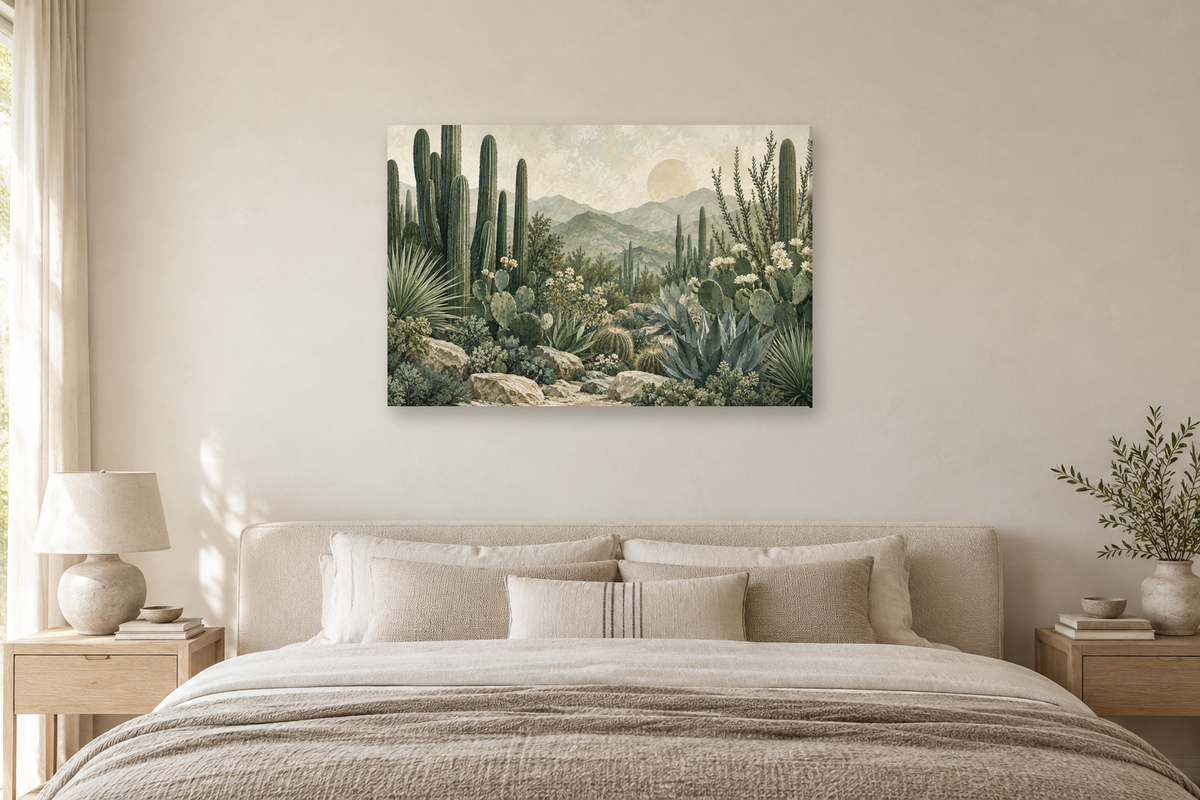 Cactus Garden — horizontal canvas in a bedroom, full original artwork